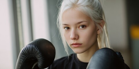 Young caucasian female boxer with gloves in training pose at gym