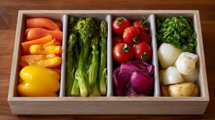 A colorful assortment of fresh healthy vegetables arranged in a compartmentalized serving tray