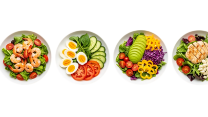 Variety of healthy salad plates with protein and vegetables on Transparent