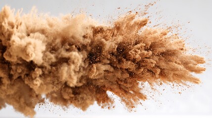 A dynamic burst of brown powder expands dramatically against a soft, light gray background