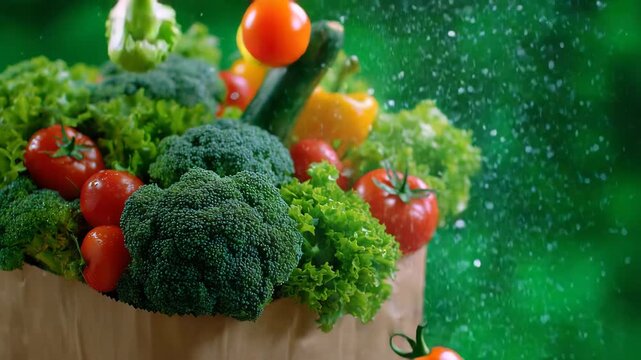 73Assorted fresh fruits and vegetables suspended above a paper bag, motion frozen, vivid natural colors against a green background, clean copyspace for text or logo
