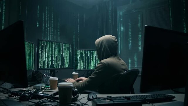 Hooded coder hacker programmer dim room laptop with multiple monitors showing green code streams, coffee cups and cables, focused intense tense