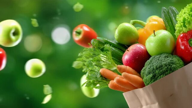 75Assorted vegetables and fruits flying out of a paper bag, carrots, bell peppers, apples, greens captured mid-air, solid green background with generous copyspace, sustainable plant-