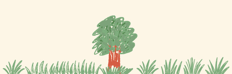 Childish crayon drawing of a green tree with red trunk and grass. Naive style hand drawn nature kids illustration isolated on white background