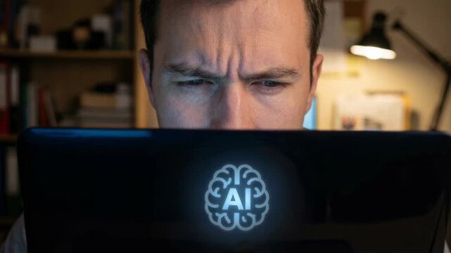 Focused worker staring laptop screen with glowing AI brain logo, focused man concentrating laptop with artificial intelligence icon, focused