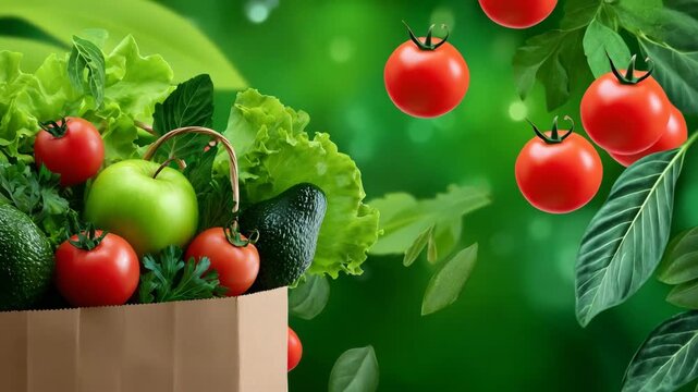 77Paper grocery bag with fruits and vegetables floating out, apples, avocados, tomatoes, leafy greens, green background with negative space for promotional text