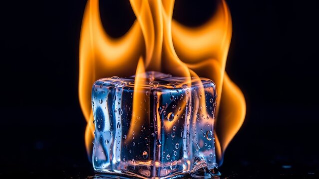 Macro photograph showing a melting ice cube against bright orange fire flames in a dark studio setting with water droplets visible.