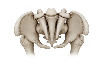 Human pelvis anatomy anterior view detailed bone structure isolated on a transparent background skeletal