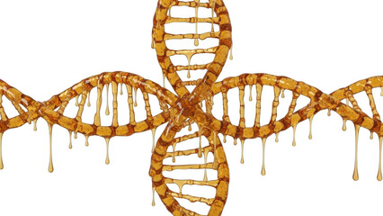 Honeycomb textured D N A double helix structure dripping golden liquid isolated on a transparent background