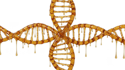 Honeycomb textured D N A double helix structure dripping golden liquid isolated on a transparent background