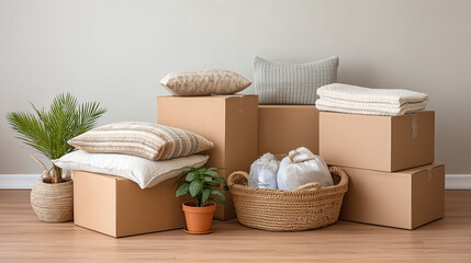 A cozy setup of packed boxes and decorative cushions, perfect for moving or home organization.