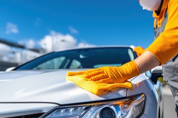 African American man in orange gloves is polishing a white car hood with a microfiber cloth, showcasing meticulous attention to detail in a bright outdoor setting