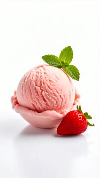 Close-up of a single scoop of strawberry ice cream in a pastel pink bowl with fresh mint sprig and ripe strawberry on a white surface.