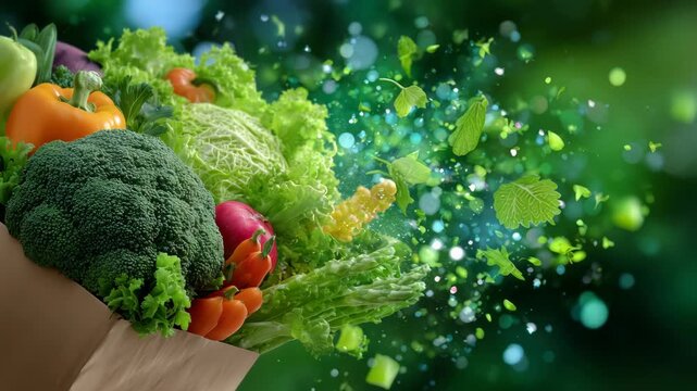 83Eco-friendly paper bag releasing colorful produce, fruits and vegetables flying outward, crisp green background emphasizing freshness, healthy vegan shopping message with space for