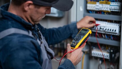 92Professional electrical maintenance scene, electrician installing wires and testing fuse switch box with multimeter, close-up on hands and tools, precise and safety-focused environ