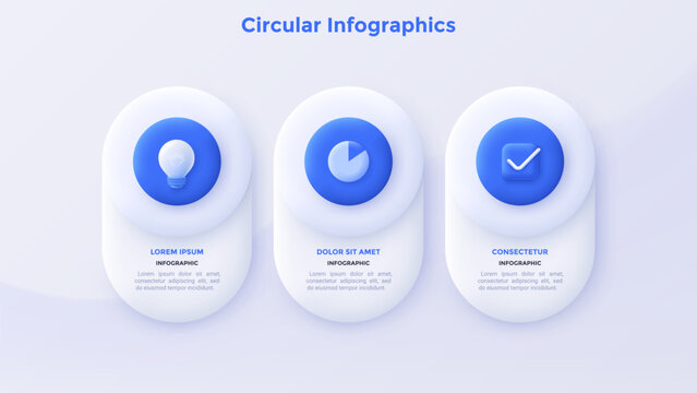 Vector illustration with Three circular infographic block elements with icons for business process data visualization. Neumorphic design for presentation template.