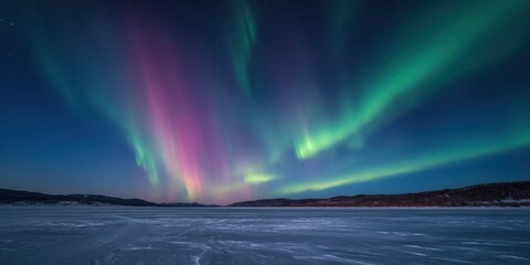 Majestic aurora borealis lights up the night sky with vibrant colors over a frozen landscape, creating a breathtaking natural spectacle in the wilderness