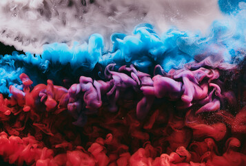 Abstract colorful smoke background. Moving flow of blue, red, white paints, fluid art