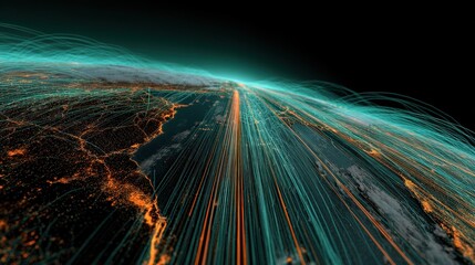 Global investment pathways visualized as glowing highways across Earth, futuristic realism, teal orange palette, 3D render, finance concept.