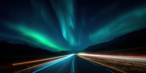 Majestic northern lights illuminate a dark sky above a winding road, with vibrant green and blue hues creating a stunning natural spectacle in a serene landscape