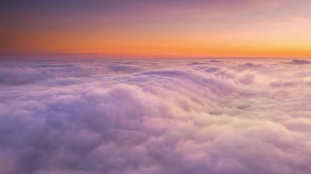 Seamless loop of flying above thick cloudscape. Cinematic purple and orange sky during golden hour. Dreamy nature background for travel and heaven concepts.
