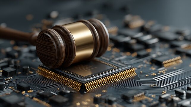 A gavel resting on a computer chip, symbolizing technology law. Selective focus on legal tech concept - Powered by Adobe