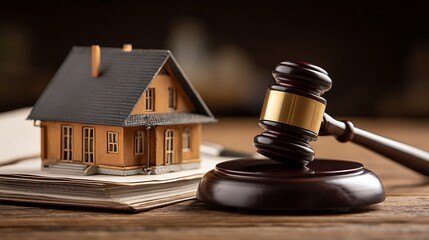 A gavel rests on a sound block beside a miniature house, on top of an open book