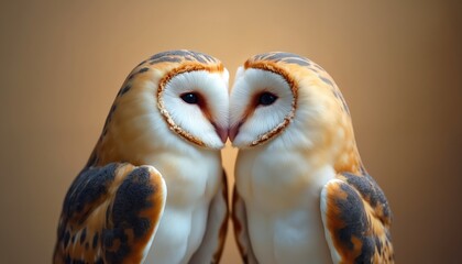 Two barn owls face each other. Owls look with affection. Birds stand on brown background. Symbol of love. Concept of tenderness and romance. Wildlife theme with owl pair bonding. Love illustration.