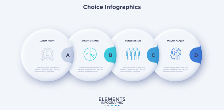 Vector illustration with four round elements with text and icons, representing a choice infographic or a steps process. Modern business presentation slide template.