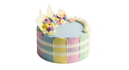 Pastel striped cake decorated with chocolate eggs and white chocolate swirls isolated on a transparent background