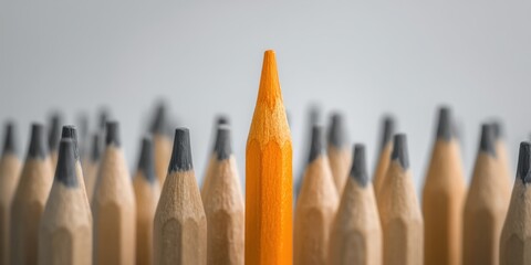 Bright orange colored pencil stands out among a circle of gray and natural wooden pencils, showcasing creativity and artistic expression in a vibrant composition