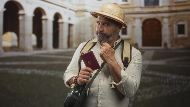 Man holding passport and points finger to cheek in old town building, wearing pith helmet, backpack and bracelets; curiosity travel adventure.