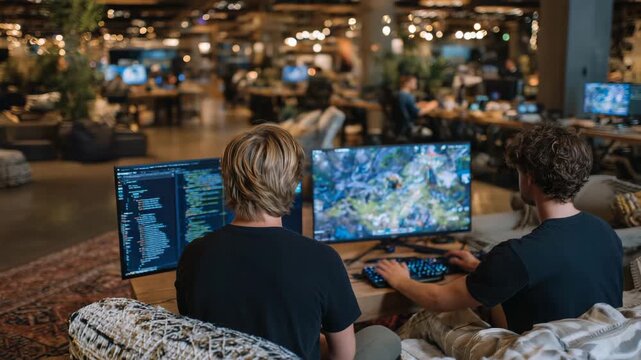341Programmers developing a video game in a cozy workspace, screens showing code and game graphics, casual seating, warm indoor lighting, collaborative and innovative mood