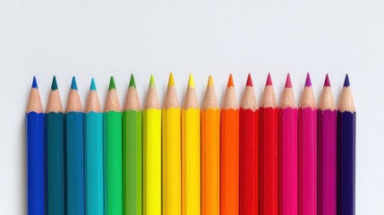 Colorful arrangement of sharpened colored pencils in a spectrum from blue to purple, showcasing vibrant hues and artistic potential, ideal for creative projects and educational purposes