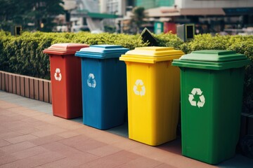 Colorful recycling bins in urban park setting, featuring red, blue, yellow, and green containers, promoting environmental awareness and sustainable waste management practices