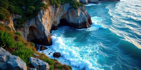 High-angle view, sheer rock face, frothy water, rugged, view, rock
