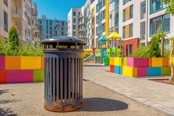 Modern trash bin stands prominently in a vibrant playground area surrounded by colorful barriers, with residential buildings and clear blue sky creating a lively urban atmosphere