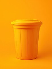 Bright yellow trash bin with a lid, standing against a vibrant orange background, showcasing modern design and functionality in waste management solutions