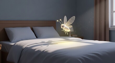 A small luminous creature hovers over a bed in a dimly lit room.