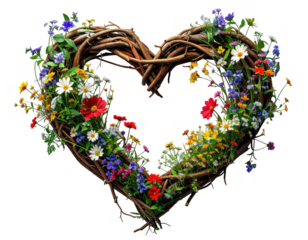 3D heart made of woven tree branches and blooming wildflowers,white background