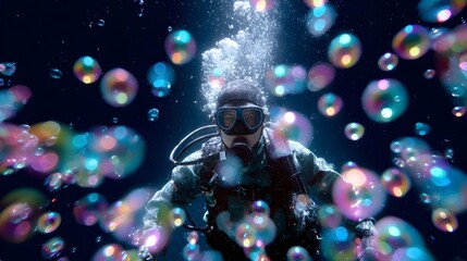 A scuba diver explores the deep blue ocean surrounded by a multitude of colorful iridescent bubbles