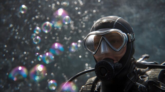 A scuba diver emerges from a dark underwater environment surrounded by colorful rising bubbles