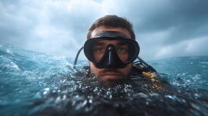 A determined diver surfaces in rough blue ocean waves under a dramatic overcast sky