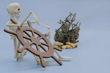 Skeleton Captain with Ship Steering Wheel and Wreckage