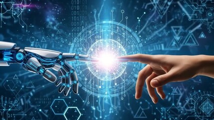 Dynamic AI interaction video with human hand touching robot finger on glowing interface with digital data stream and modern technology - Powered by Adobe
