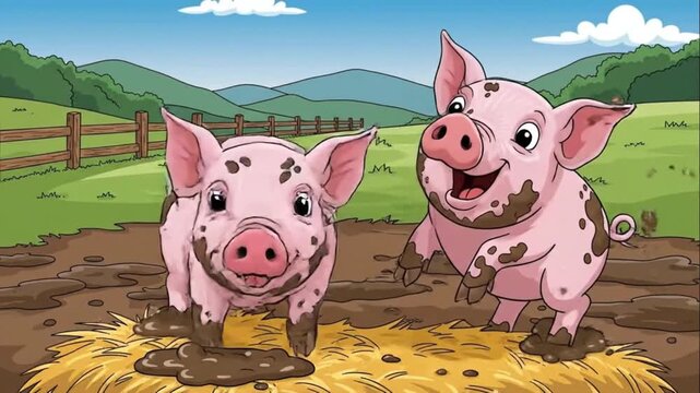 Two Happy Muddy Piglets Playing on Hay on a Farm Cartoon