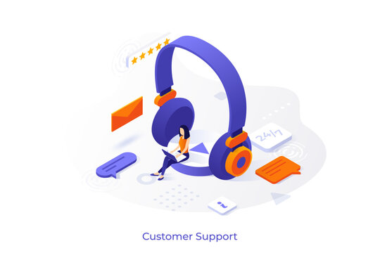 Customer Support isometric conceptual template. Manager with headphones and laptop. Client service online webpage design vector illustration. Answers on questions and solving problems