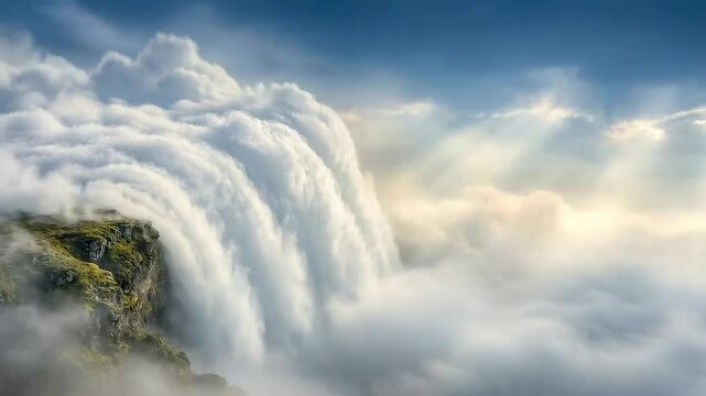 Seamless loop of waterfall cascading from high rock into misty fog. Cinematic sun rays breaking through blue sky. Dreamy fantasy nature landscape background for relaxation concepts.
