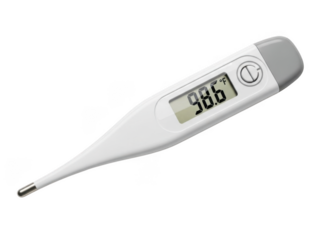 White digital thermometer displaying 98.6 degrees Fahrenheit with gray accents isolated on a transparent background