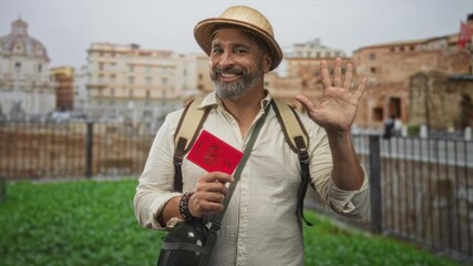 Middle aged man holding red passport and waving right hand near building at roman ruins while wearing pith helmet and backpack; adventure joy.